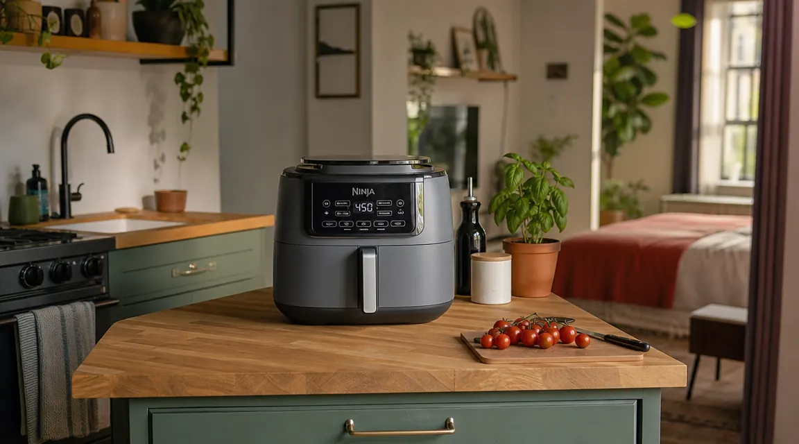 Compact air fryer sitting on a small kitchen counter next to a cutting board and fresh vegetables