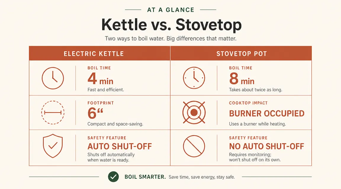Side-by-side comparison chart showing boil time and counter footprint for electric kettle versus stovetop saucepan