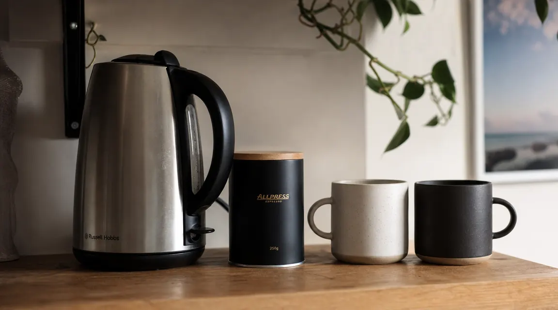 Electric kettle stored neatly on a small shelf beside a coffee station in a compact apartment kitchen