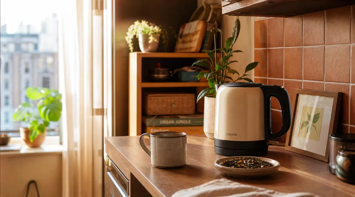 Compact electric kettle on a small kitchen counter next to a mug and tea bag, morning light through a narrow window
