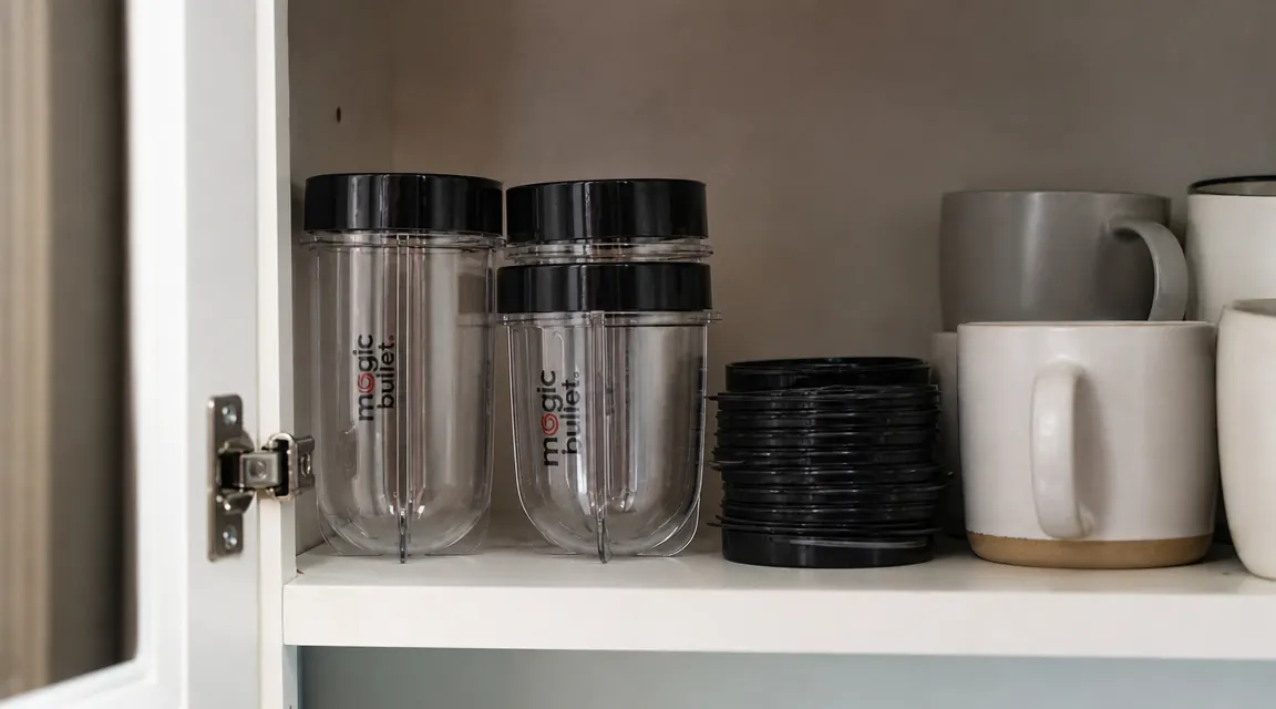 Magic Bullet cups and lids stored compactly inside a kitchen cabinet