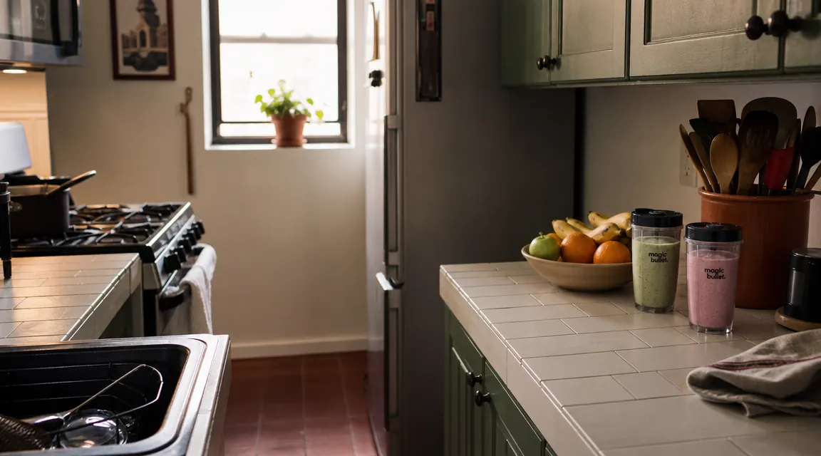 Magic Bullet personal blender cups lined up on a narrow apartment kitchen counter next to a window