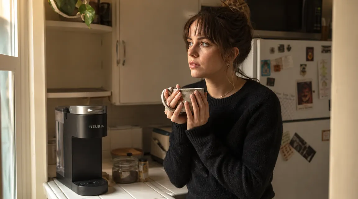 Slim single-serve coffee maker on a narrow apartment kitchen counter beside a ceramic mug