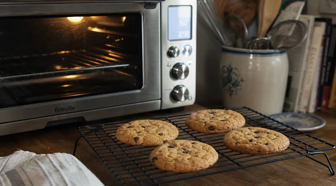 Small batch of chocolate chip cookies cooling on a rack next to a compact toaster oven