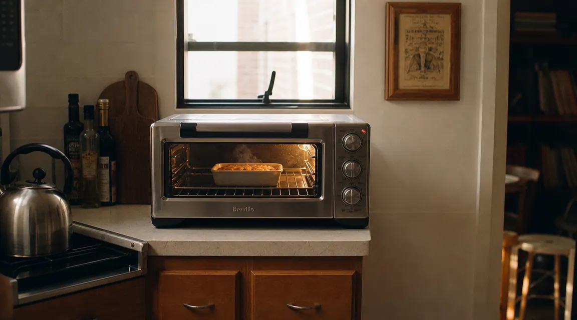 Compact stainless steel toaster oven on a narrow kitchen counter with a baked dish inside