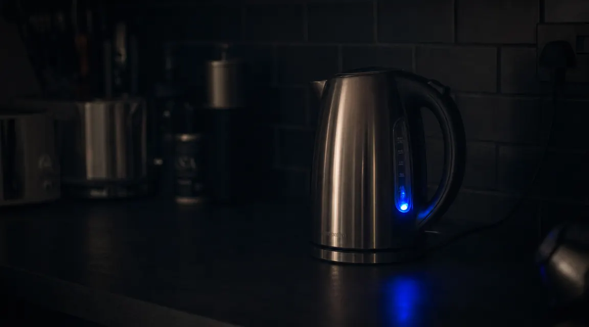 Electric kettle glowing blue indicator light in a dim kitchen at night