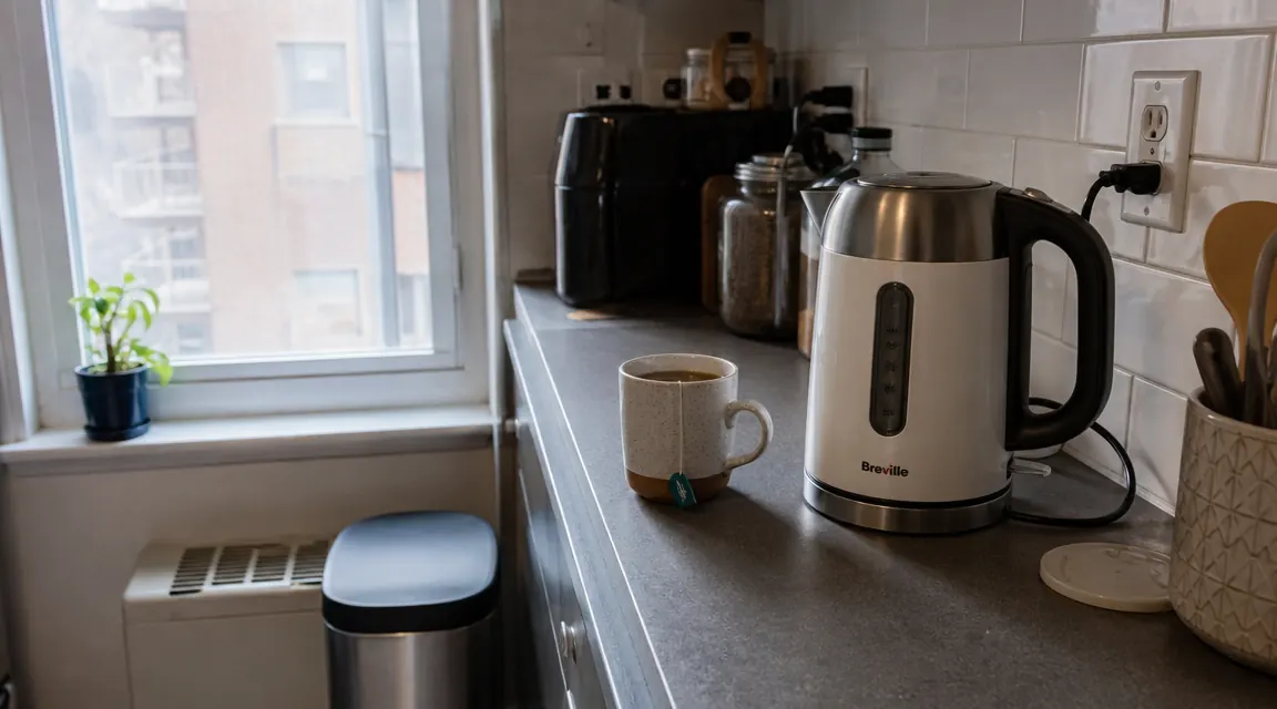 AZEUS electric kettle sitting on a small kitchen counter beside a mug of tea, warm morning light