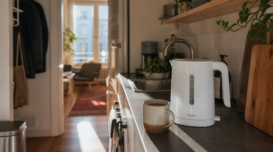 White AZEUS electric kettle sitting on a narrow kitchen counter beside a ceramic mug, morning light coming through a small window
