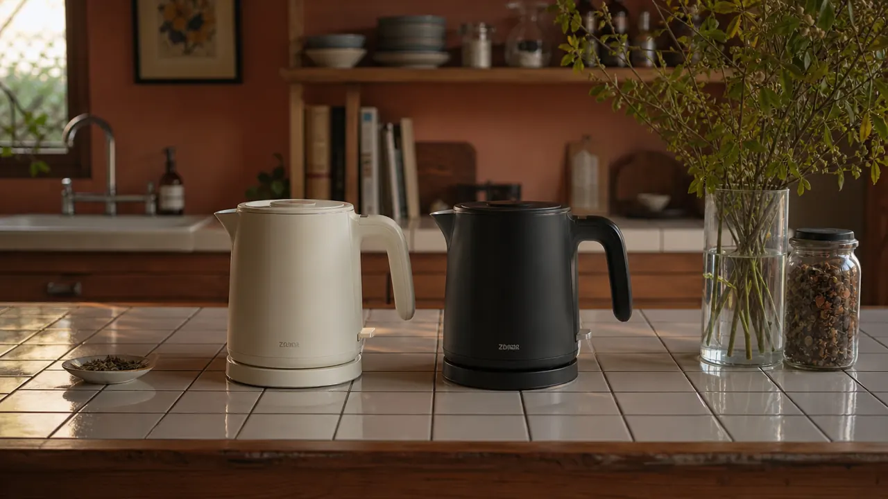Two electric kettles side by side on a narrow kitchen counter with warm morning light coming through a small window