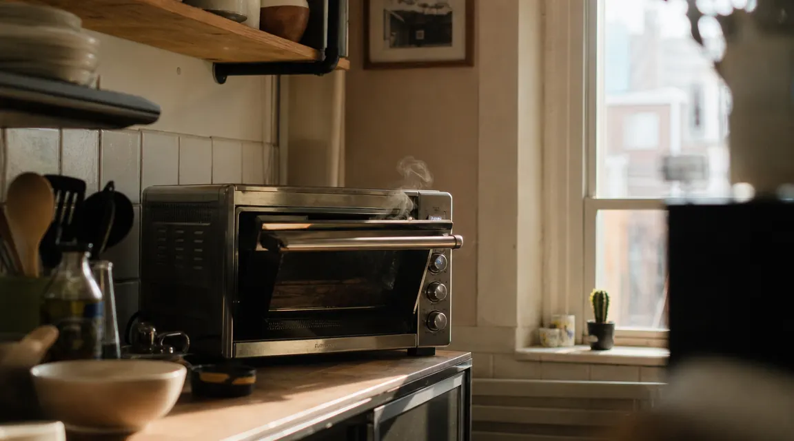BLACK+DECKER TO1760SS toaster oven on a small apartment kitchen counter, door slightly open, steam rising from freshly baked food inside