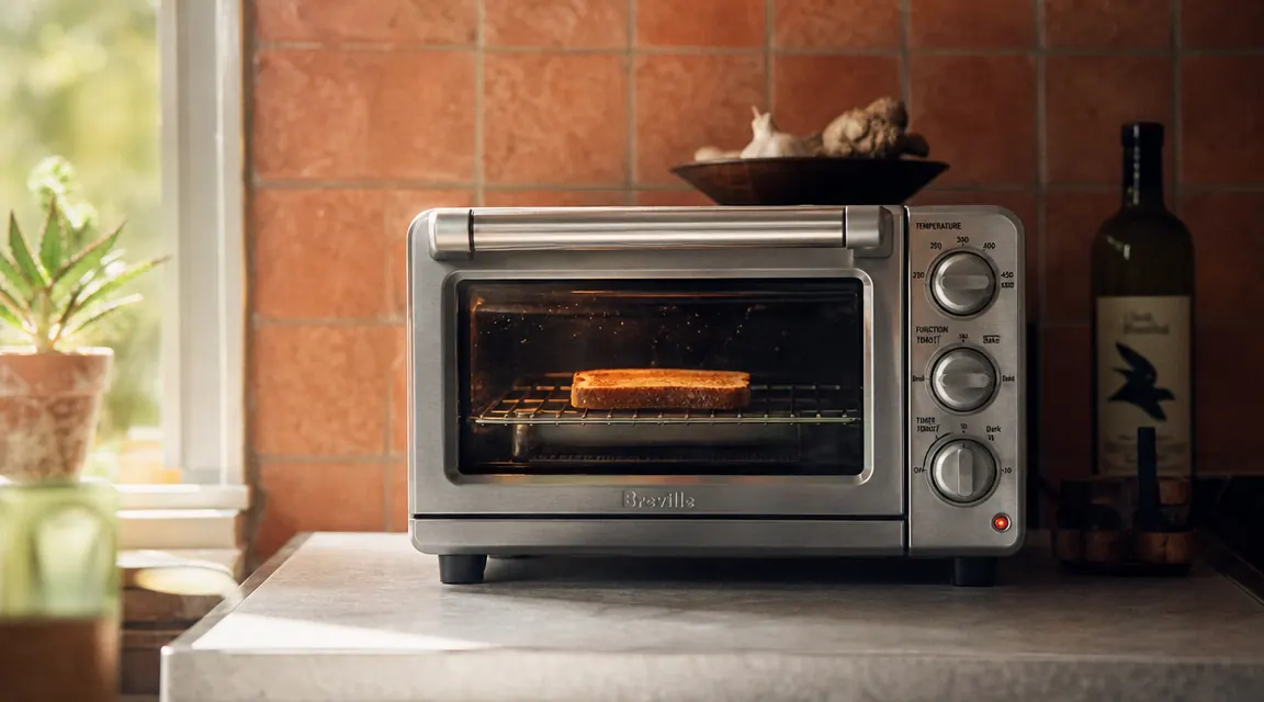BLACK+DECKER TO1760SS toaster oven sitting on a narrow kitchen counter with warm morning light coming through a window