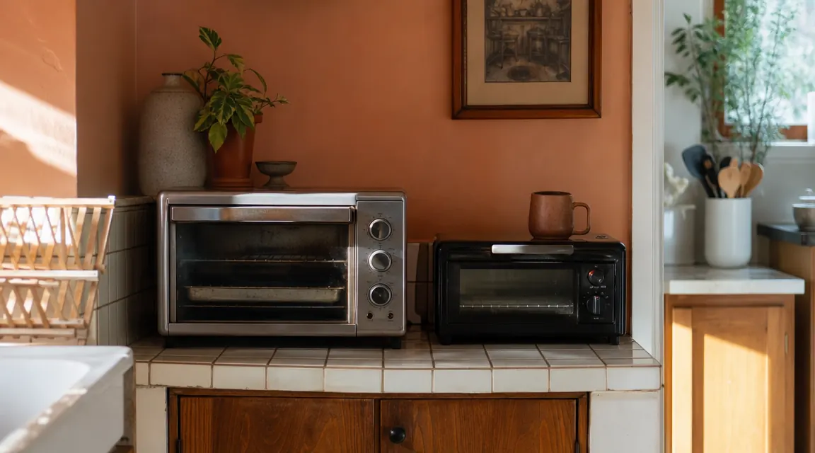 Two compact toaster ovens on a small kitchen counter with warm morning light coming through a window