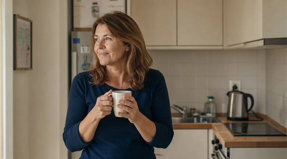 Woman standing relaxed in a small kitchen holding a mug of tea, kettle on the counter behind her