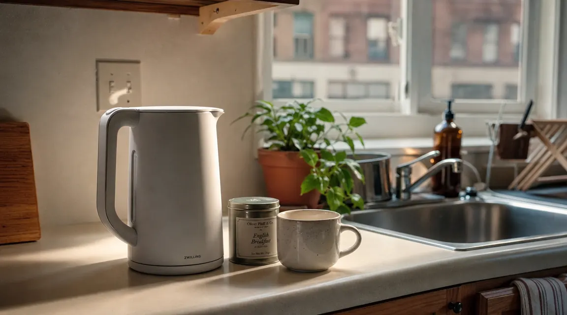 Electric kettle on a narrow kitchen counter next to a mug and loose-leaf tea tin, morning light through a small window