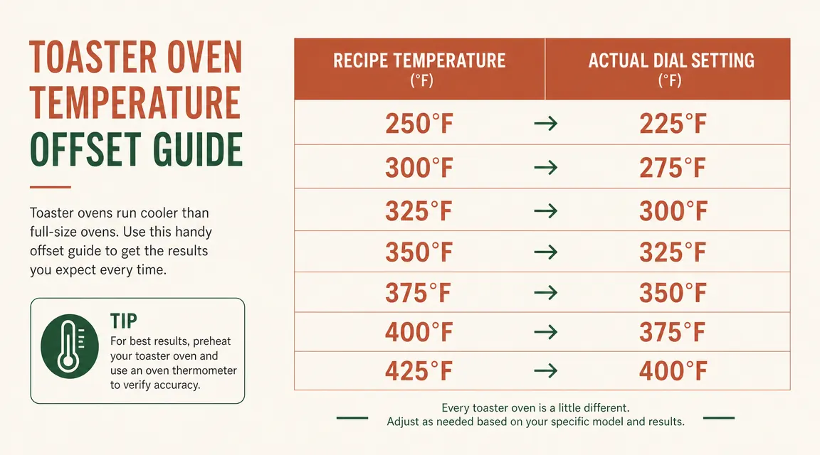Simple diagram showing temperature offset chart: recipe calls for 350F, set toaster oven to 325F