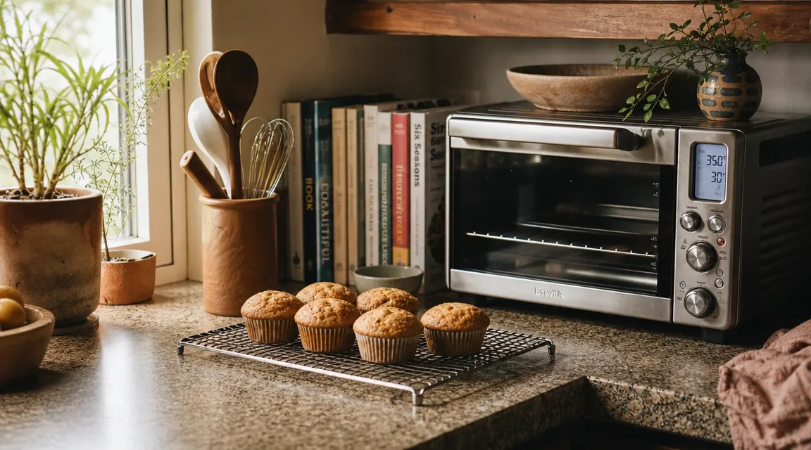 Golden brown muffins cooling on a wire rack next to a compact stainless steel toaster oven on a small kitchen counter