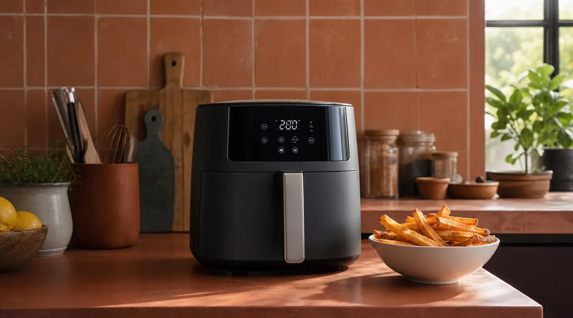 Compact air fryer on a small kitchen counter next to a bowl of golden crispy fries