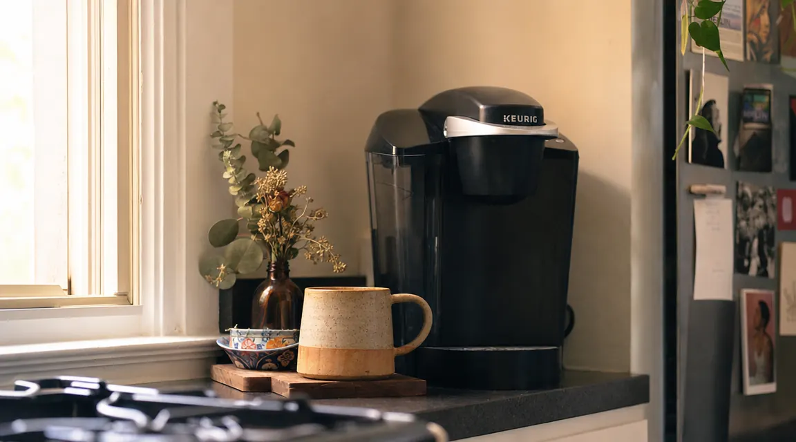 Keurig K-Mini coffee maker on a narrow kitchen counter beside a ceramic mug, warm morning light from a window