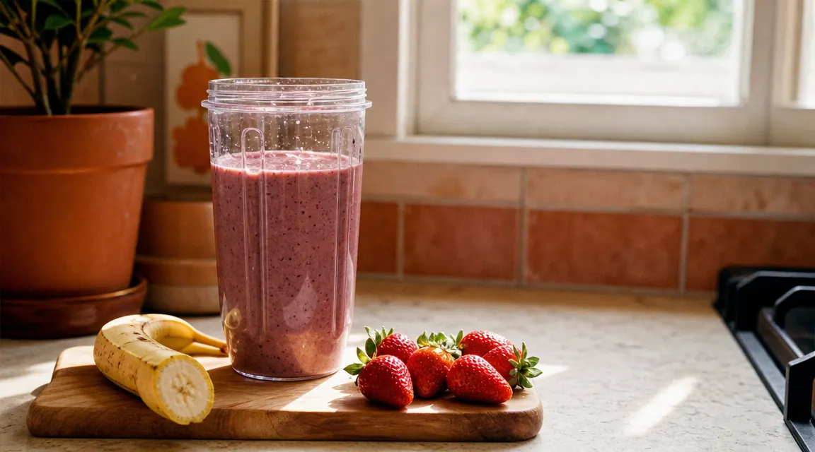 A thick berry smoothie in a clear blending cup on a small kitchen counter beside fresh strawberries and a banana