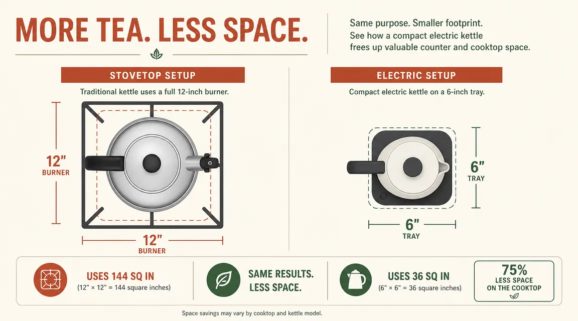 Overhead diagram comparing the counter footprint of a stovetop kettle plus burner versus a compact electric kettle on a tray