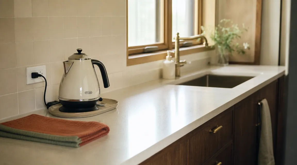 A tidy galley kitchen counter with an electric kettle as the only appliance, early morning light coming through a small window