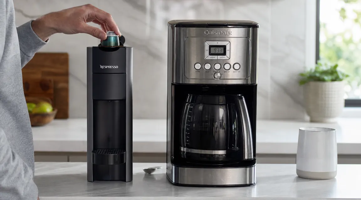 Keurig K-Mini next to a drip coffee maker showing the size difference on a kitchen counter