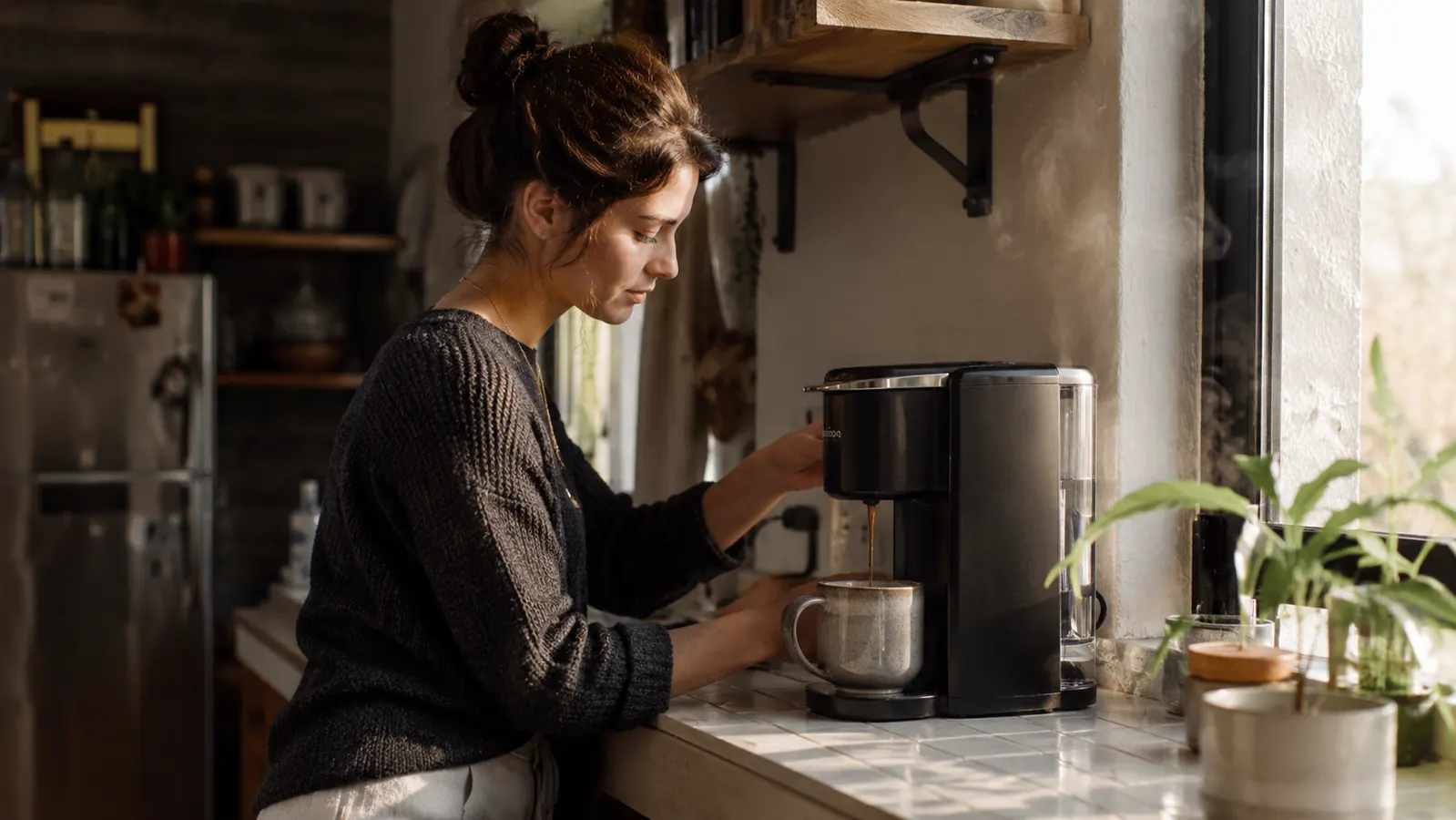 Keurig K-Mini coffee maker on a narrow kitchen counter next to a ceramic mug in morning light