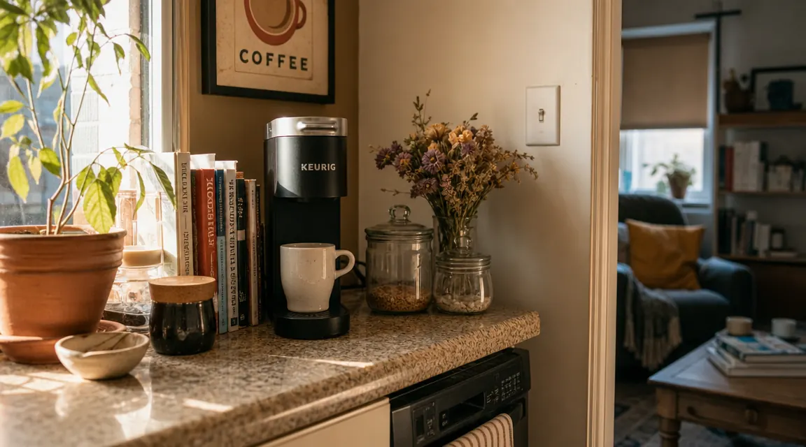 Keurig K-Mini coffee maker sitting on a narrow apartment kitchen counter beside a small window with morning light coming in