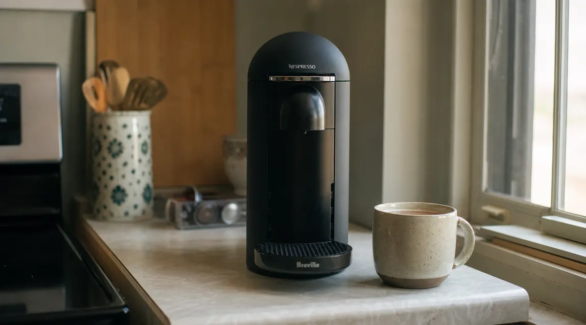 Keurig K-Mini coffee maker on a small kitchen counter with a full mug of coffee in soft morning light