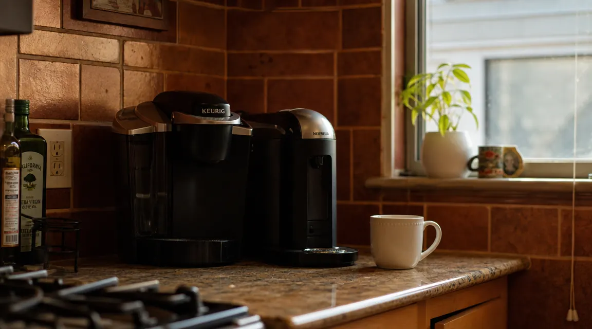 Two single-serve coffee makers sitting side by side on a narrow kitchen counter with a small mug in front