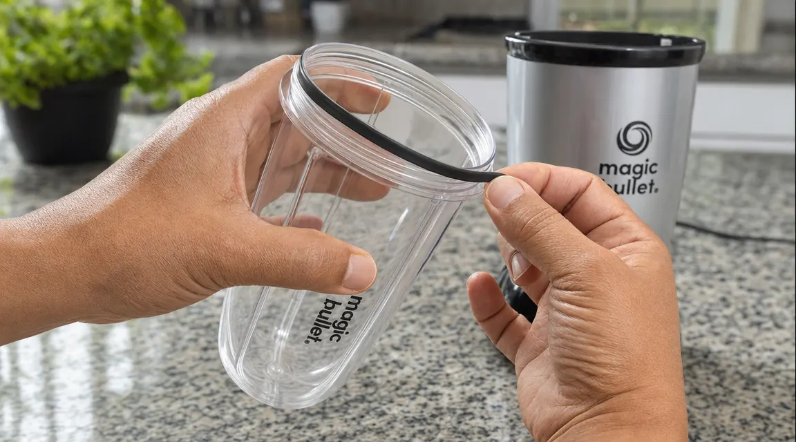 Magic Bullet cup with rubber seal ring removed, held up to show the gasket detail