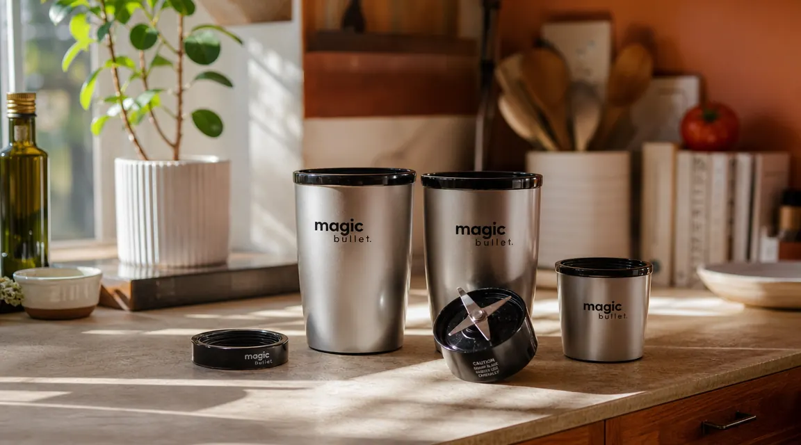 Magic Bullet blender cups and blade on a small kitchen counter beside a window, morning light