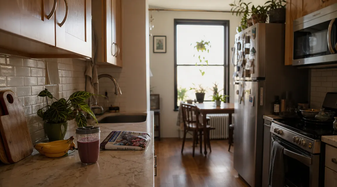 Narrow galley kitchen in the early morning, soft light through a small window above the sink, a personal blender cup sitting on the counter beside a bunch of bananas and a bag of frozen berries