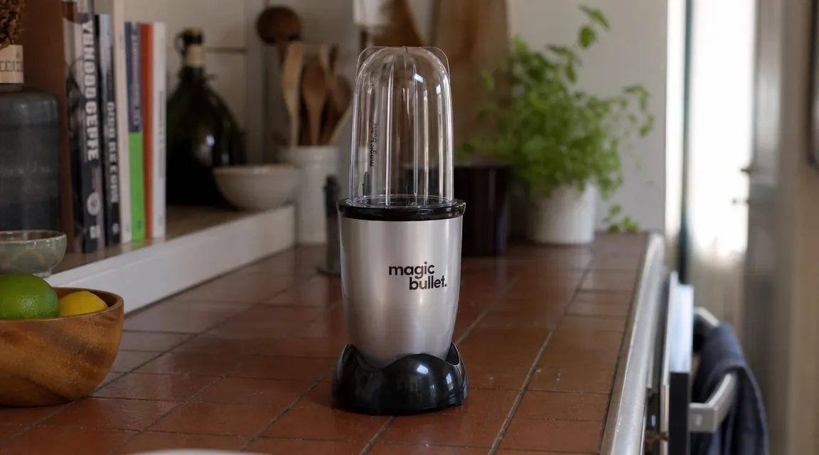 Magic Bullet blender cups and motor base arranged on a small kitchen counter with morning light coming through a window