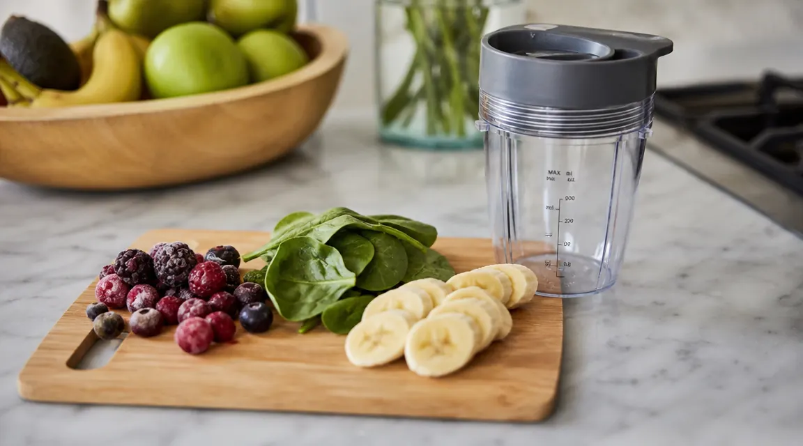 Smoothie ingredients including frozen berries and spinach next to a personal blender cup