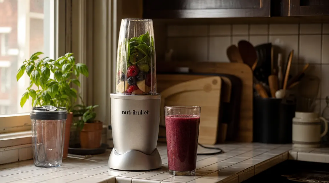 Magic Bullet blender on a small apartment kitchen counter next to a smoothie glass