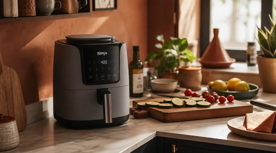 Compact Ninja AF101 air fryer sitting on a small apartment kitchen counter beside a cutting board and fresh vegetables