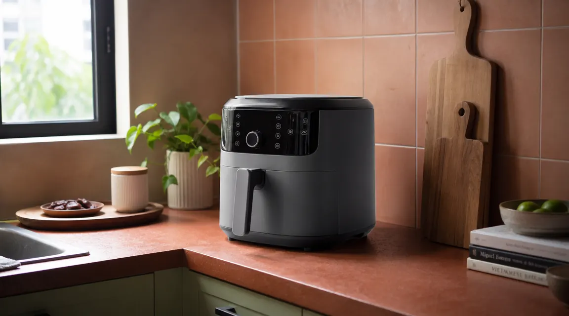 Ninja AF101 air fryer sitting on a small kitchen counter beside a cup of coffee and a cutting board
