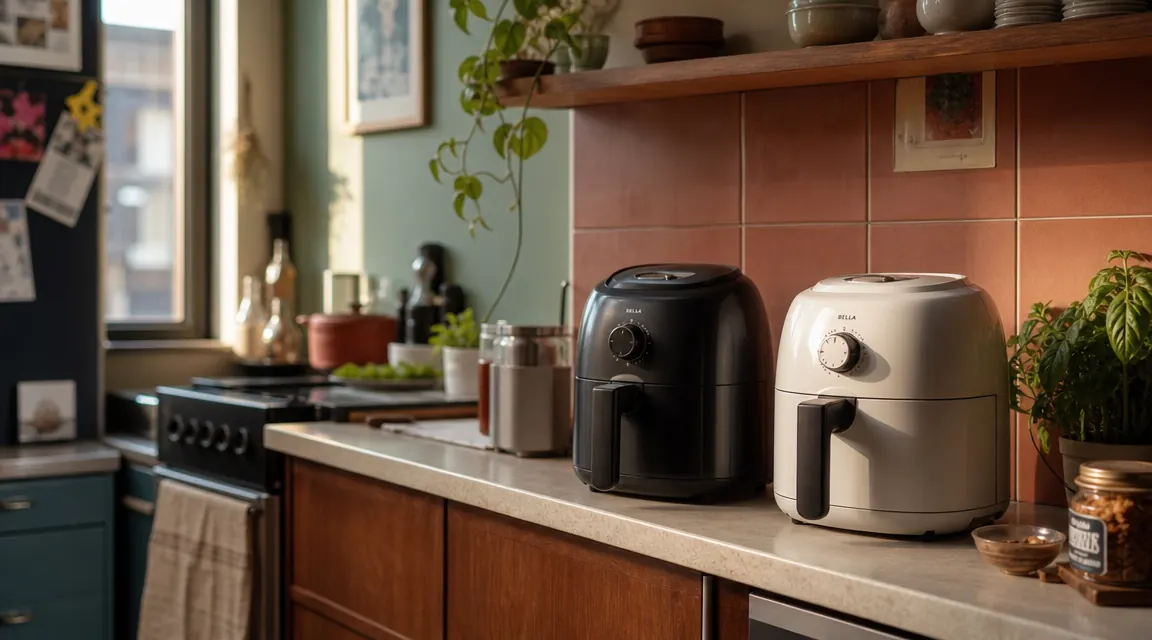 Two compact air fryers sitting side by side on a narrow kitchen counter with white tile backsplash