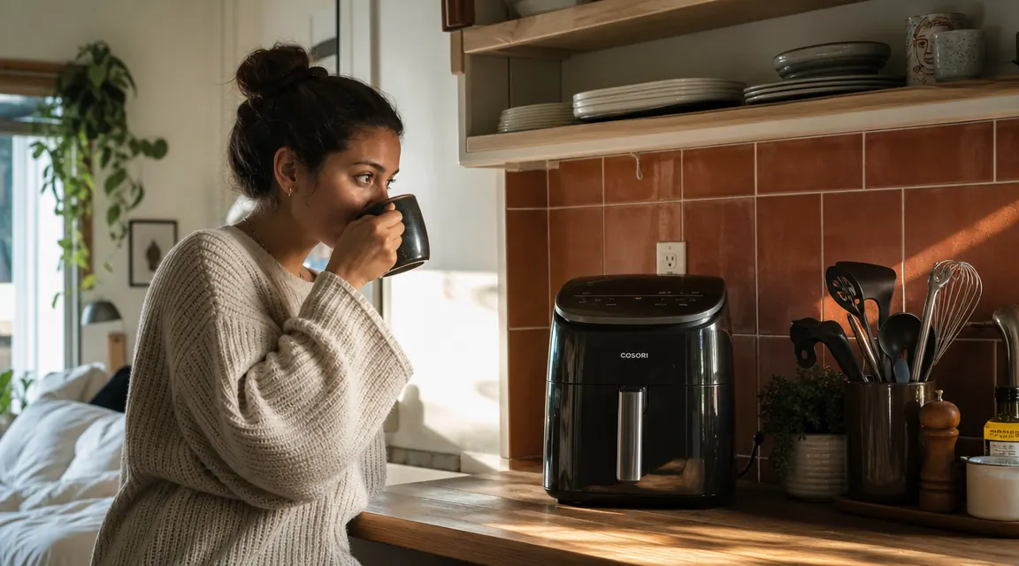 A compact kitchen countertop with a Ninja air fryer centered between a coffee maker and a cutting board, morning light coming through a small window