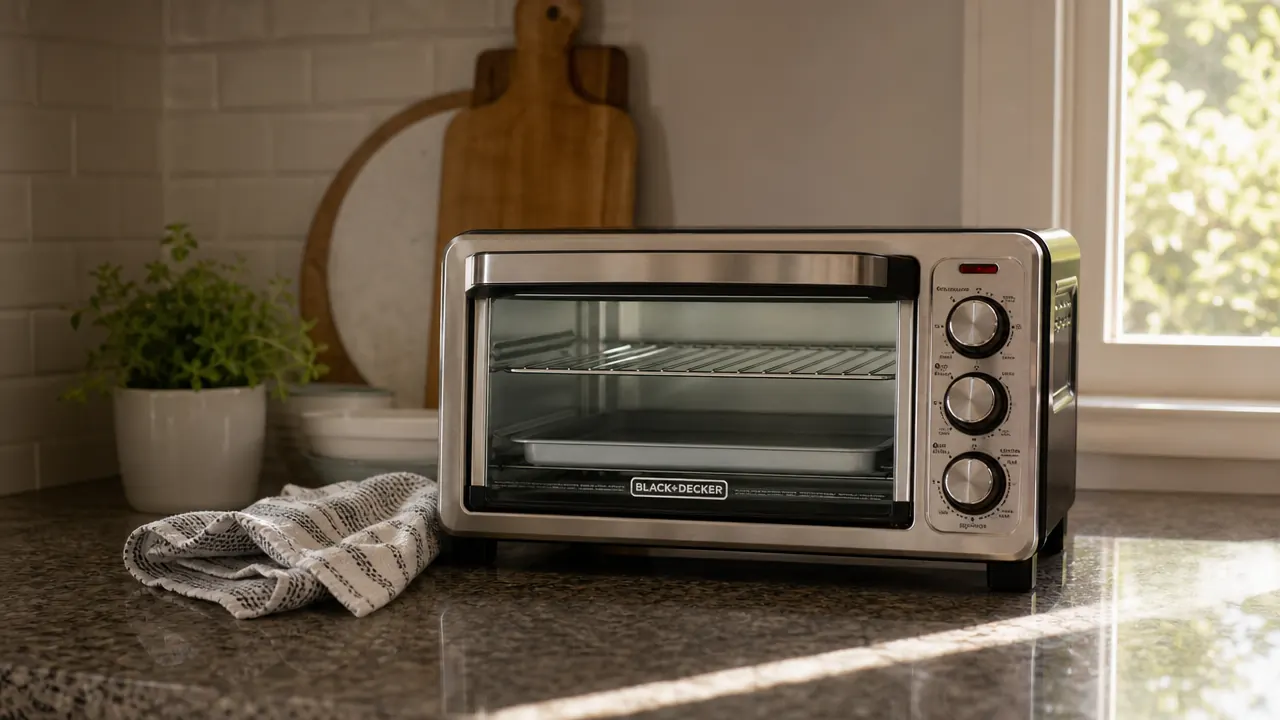 Hand sliding a small baking pan with a chicken breast into the BLACK+DECKER TO1760SS toaster oven