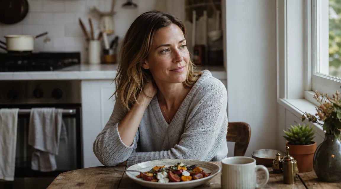 Person sitting at a small kitchen table with a plate of roasted vegetables and a cup of tea, relaxed Sunday morning